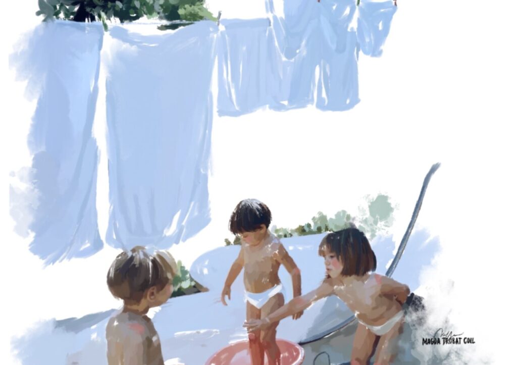 Ilustraci&oacute;n de ni&ntilde;os jugando en un ambiente cotidiano con ropa blanca de fondo