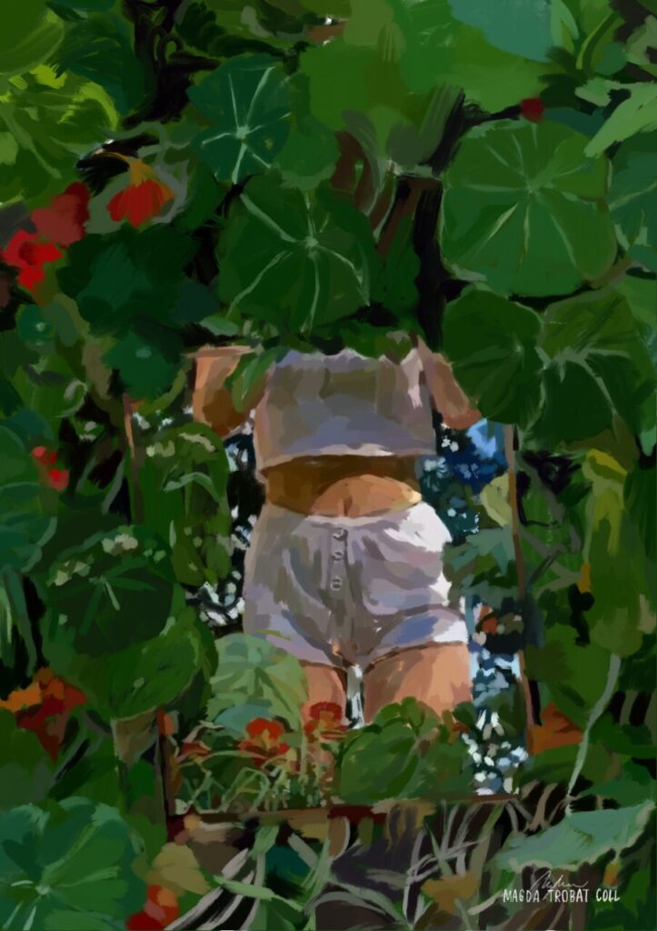 Pintura digital de una mujer entre plantas verdes y flores coloridas