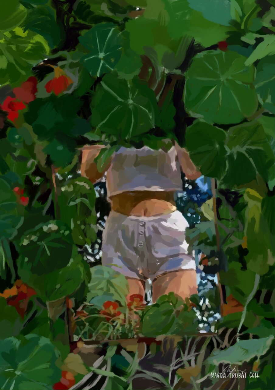 Pintura digital de una mujer entre plantas verdes y flores coloridas