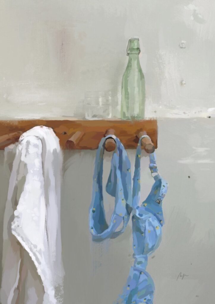 Obra de Magda Trobat mostrando toallas y una botella en un entorno cotidiano.