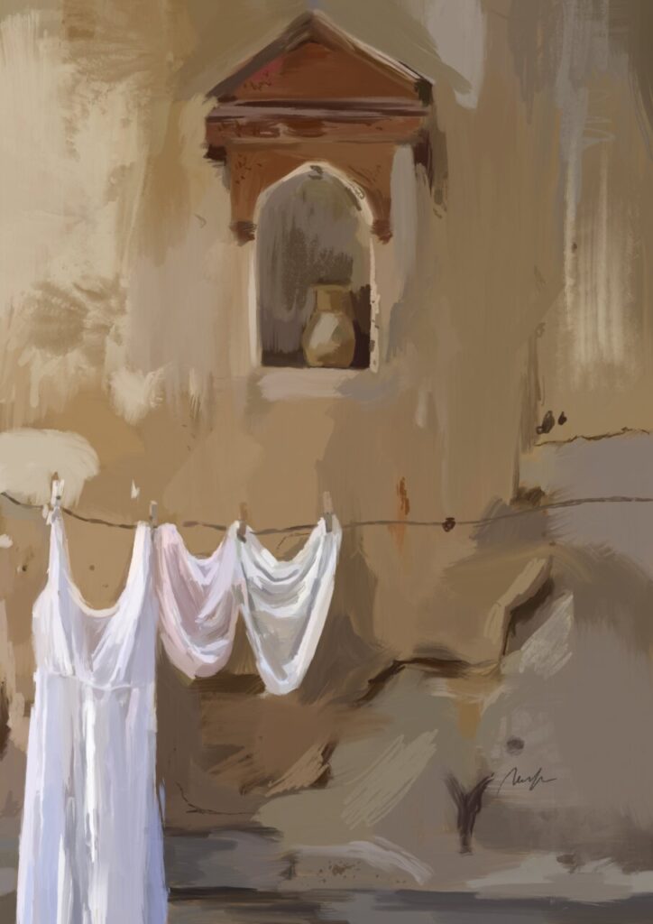 Pintura digital de ropa colgada en un entorno mediterr&aacute;neo