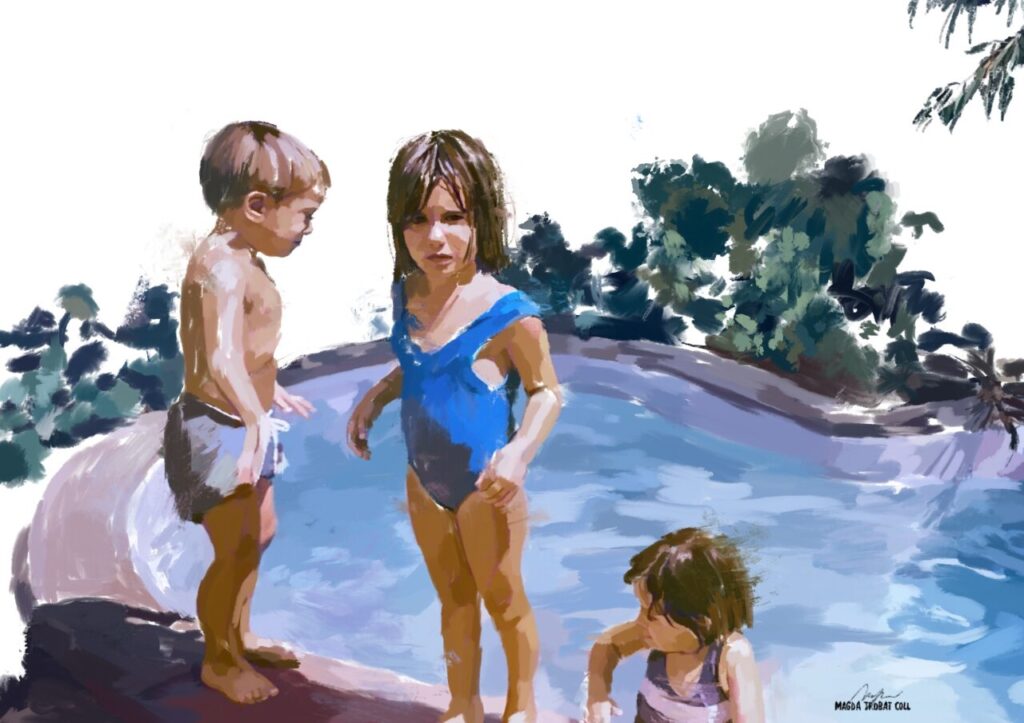 Pintura digital de ni&ntilde;os jugando cerca de una piscina