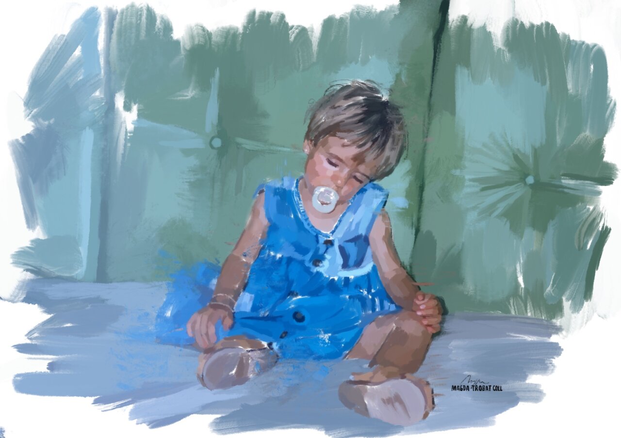 Pintura digital de un ni&ntilde;o peque&ntilde;o sentado con un chupete