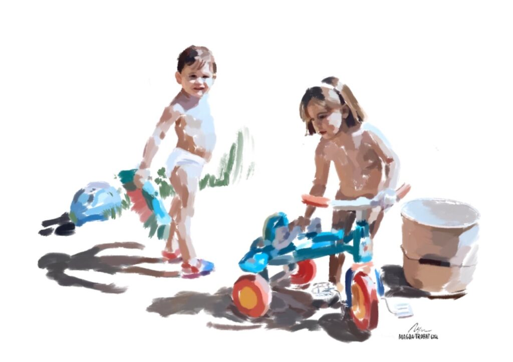 Ni&ntilde;os jugando al aire libre con juguetes coloridos