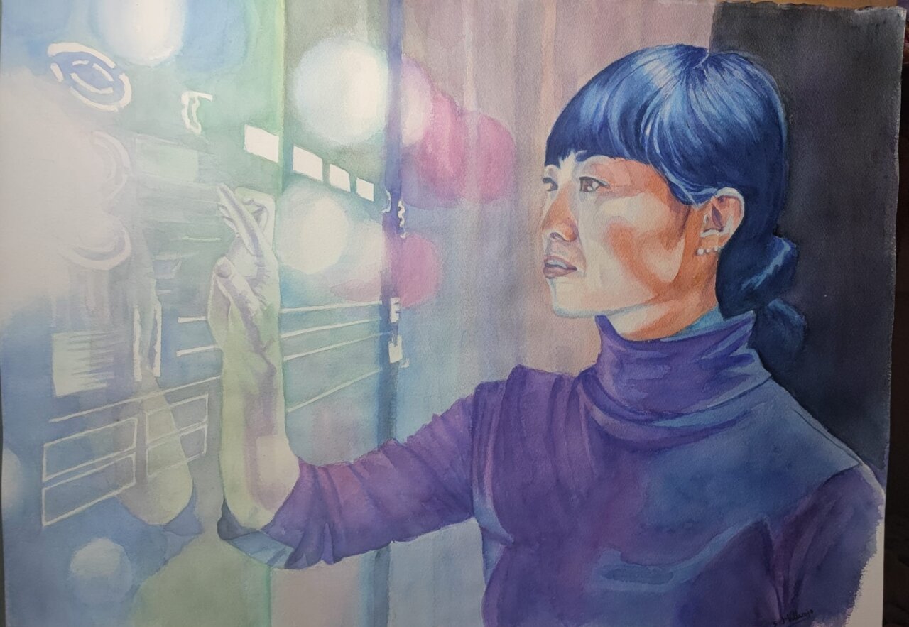 Retrato en acuarela de una mujer interactuando con luz