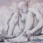 Pintura de Matias Quetglas mostrando una figura humana en un paisaje abstracto.