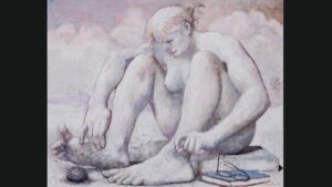 Pintura de Matias Quetglas mostrando una figura humana en un paisaje abstracto.