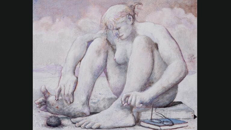 Pintura de Matias Quetglas mostrando una figura humana en un paisaje abstracto.