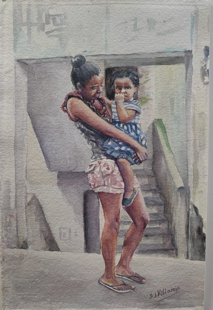 Acuarela que muestra a una mujer sosteniendo a una ni&ntilde;a en brazos.