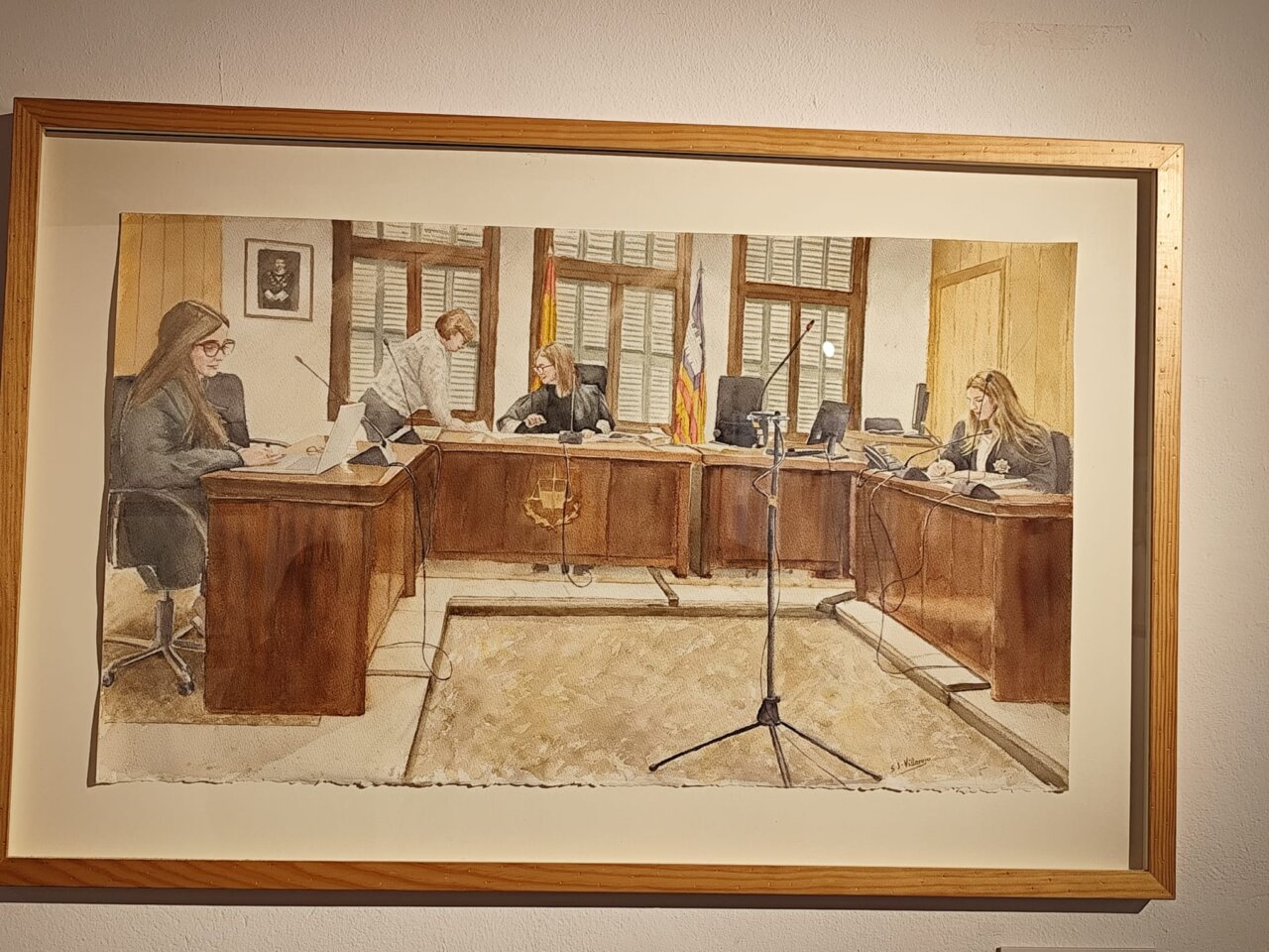 Pintura en acuarela de una escena en un tribunal con varias personas