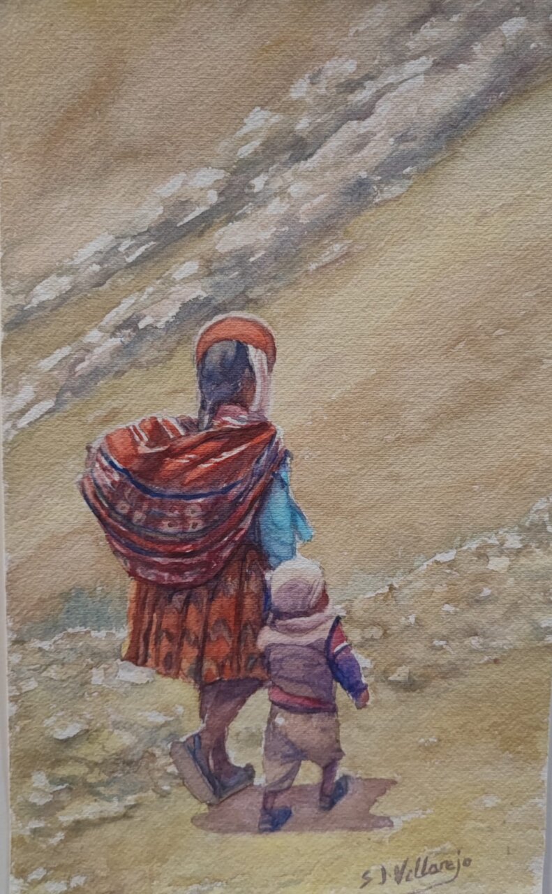 Acuarela de una mujer con un ni&ntilde;o en un paisaje natural