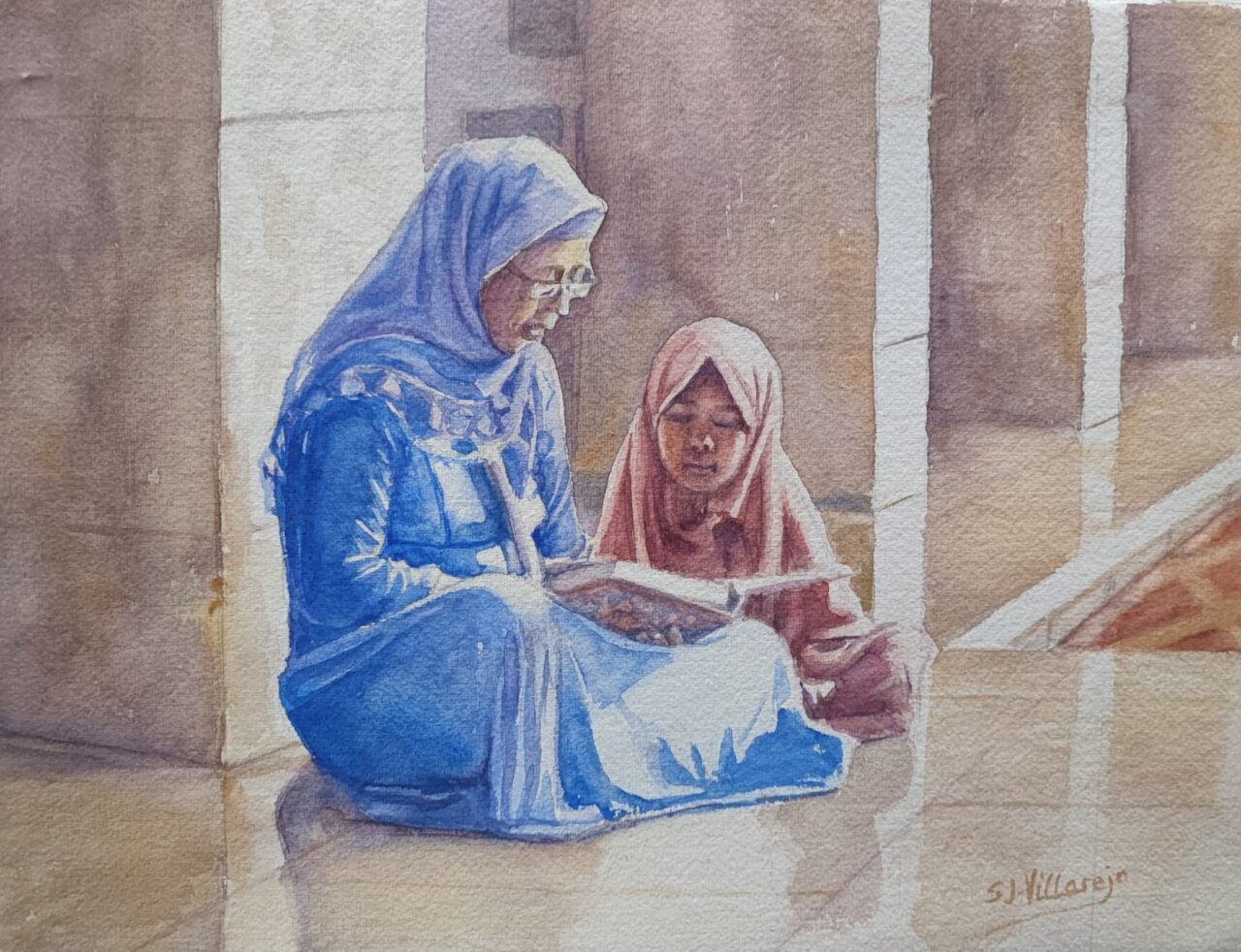 Acuarela de dos mujeres sentadas, una leyendo y otra observando.