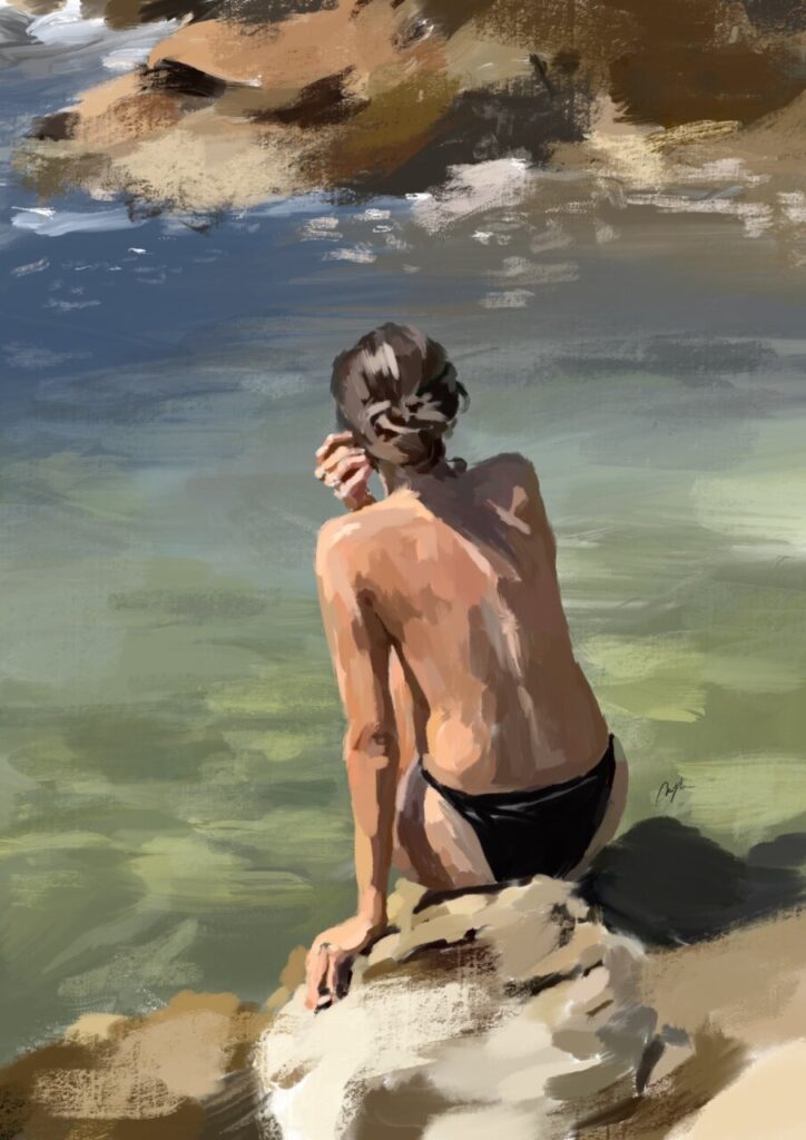 Ilustraci&oacute;n de una mujer sentada en una roca junto al mar