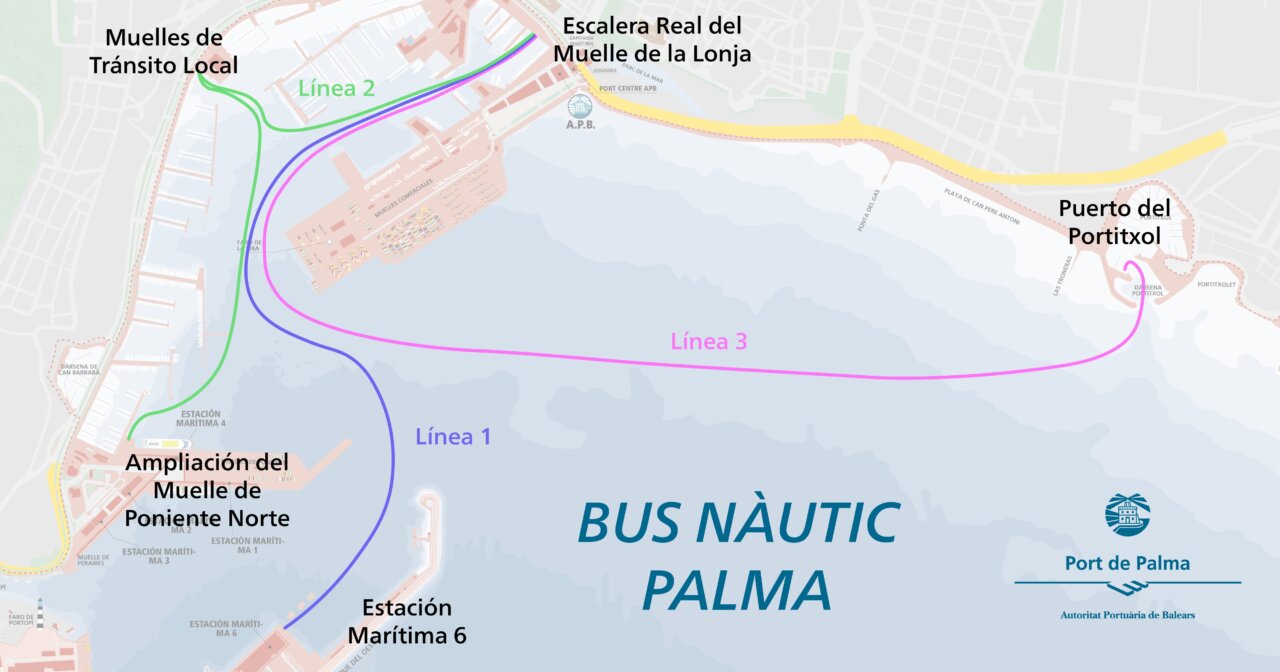 Mapa del proyecto del Bus Nàutic en Palma con líneas y estaciones