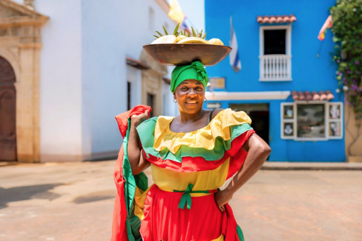 Mujer con traje colorido en Cartagena de Indias, Colombia