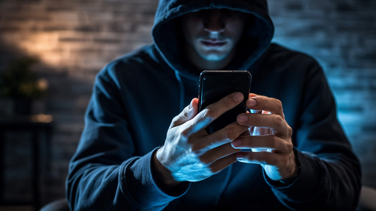 Persona con capucha usando un smartphone en un entorno oscuro