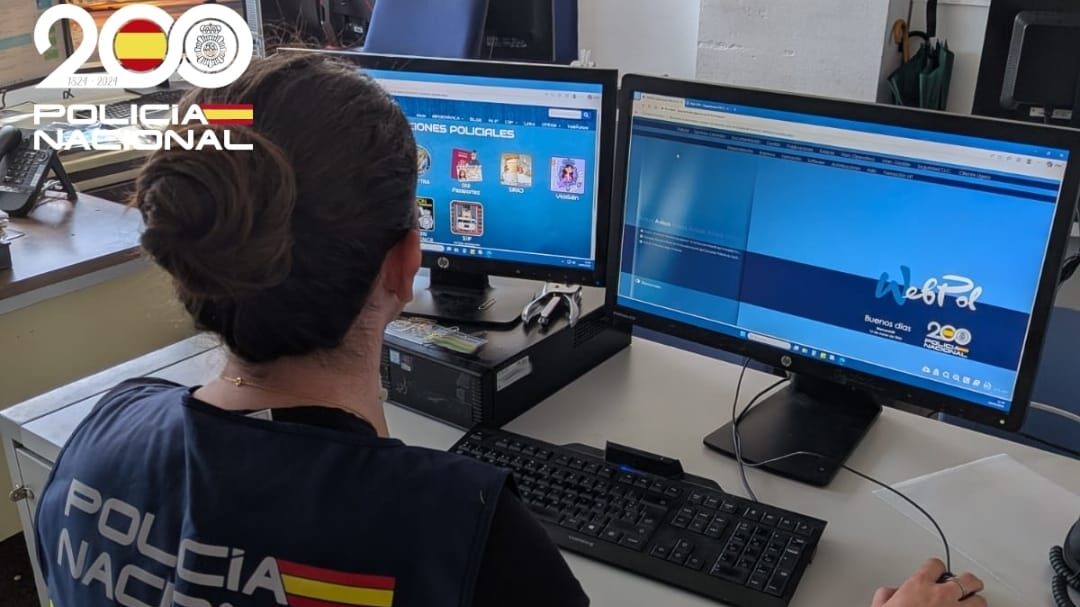 Agente de la Polic&iacute;a Nacional trabajando en un ordenador