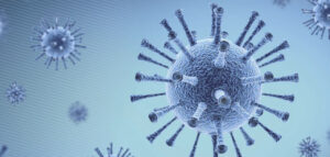 Representaci&oacute;n gr&aacute;fica de un brote de virus en un fondo azul