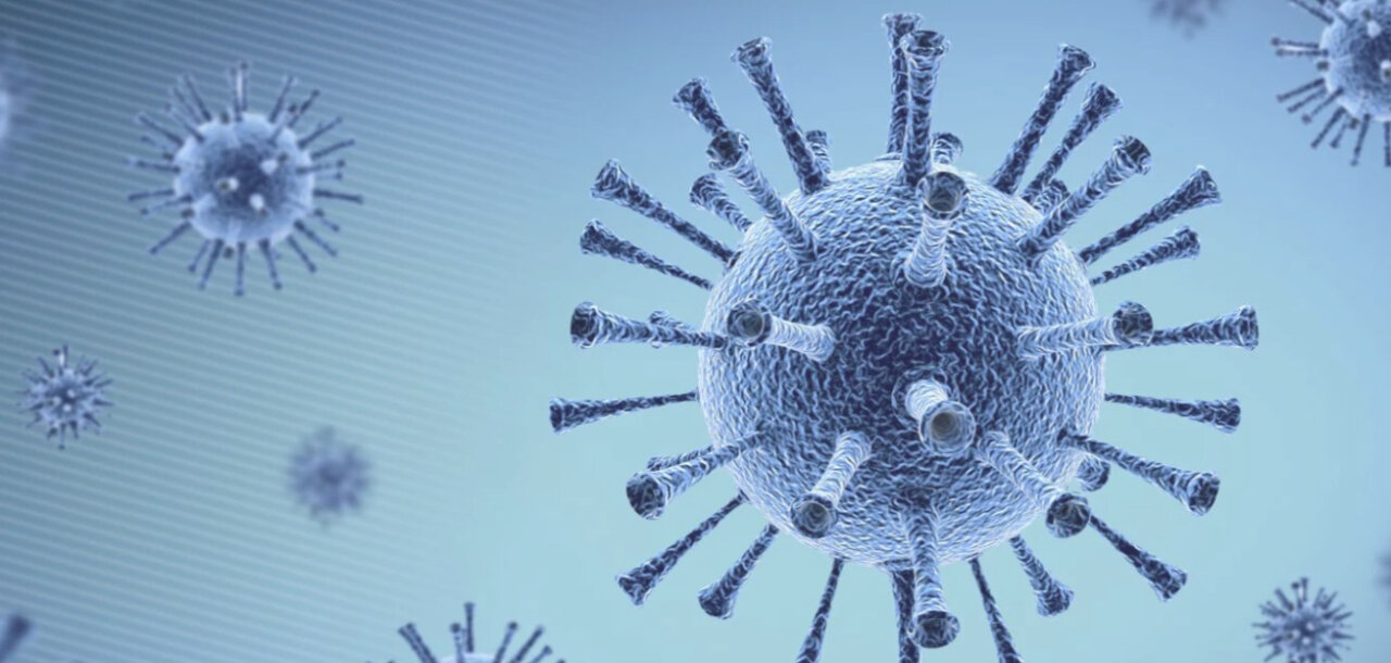 Representaci&oacute;n gr&aacute;fica de un brote de virus en un fondo azul