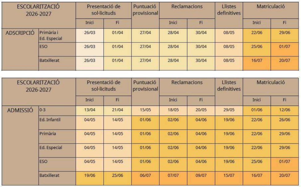 Tabla con fechas de escolarizaci&oacute;n para el a&ntilde;o 2026-2027
