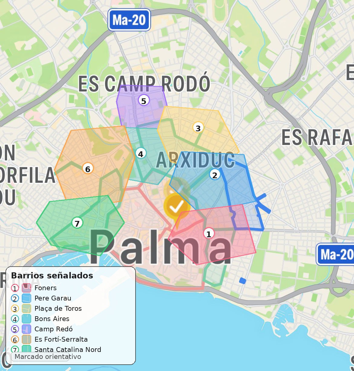Mapa de la expansión de la zona azul en Palma con barrios destacados