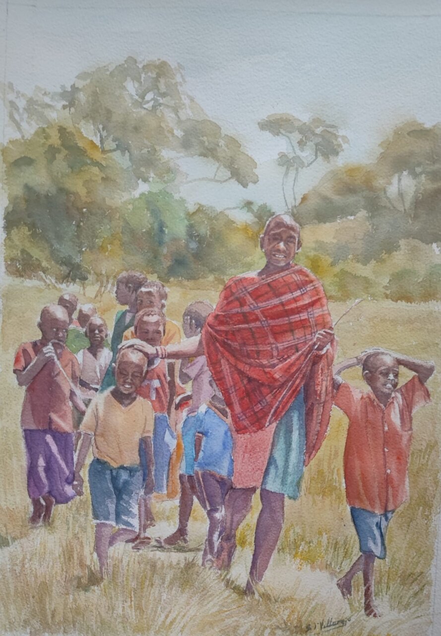 Acuarela de mujeres y ni&ntilde;os en un paisaje africano