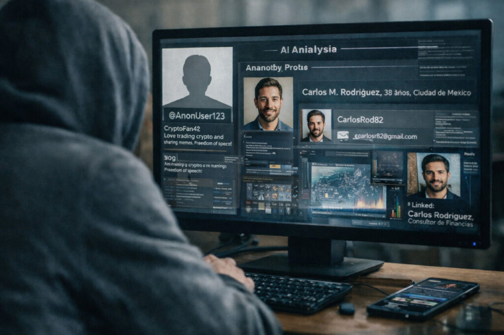 Persona analizando datos de cuentas an&oacute;nimas en una computadora