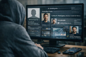Persona analizando datos de cuentas an&oacute;nimas en una computadora
