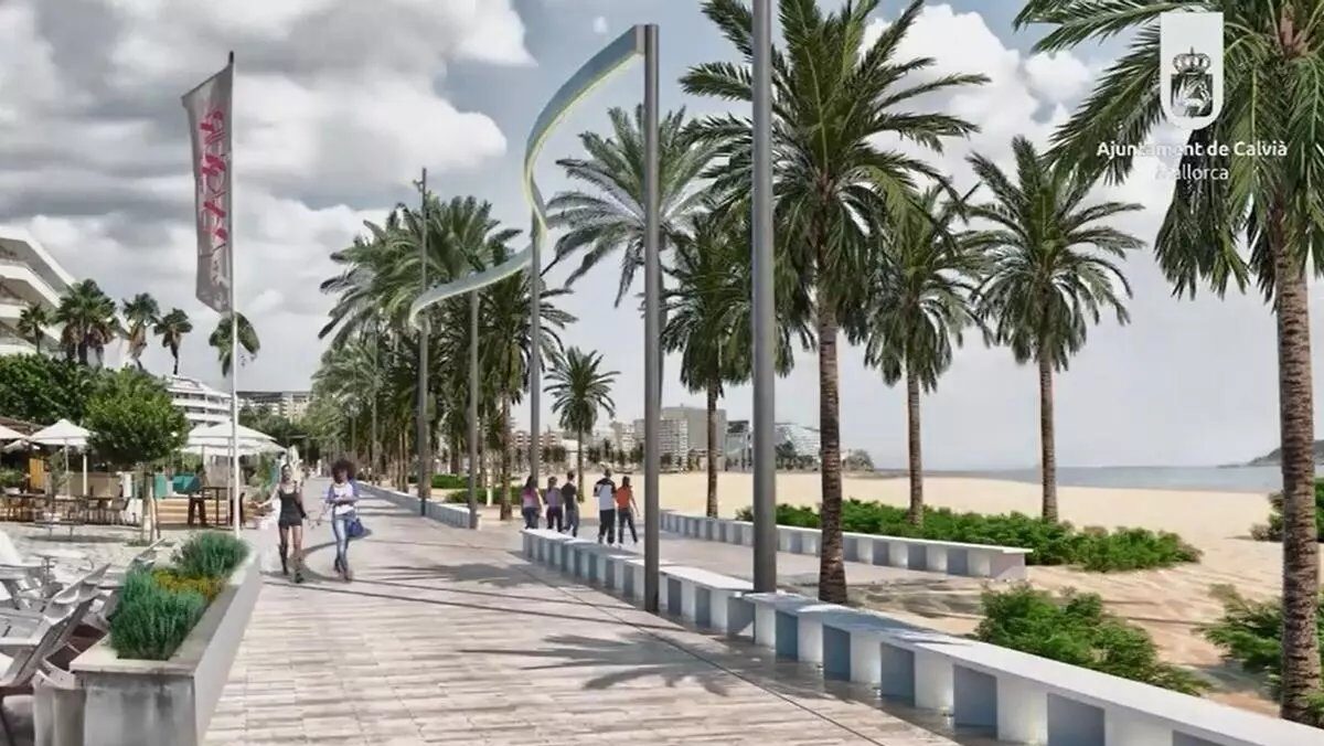 Infograf&iacute;a del nuevo Paseo Mar&iacute;timo de Magaluf con palmeras y personas caminando