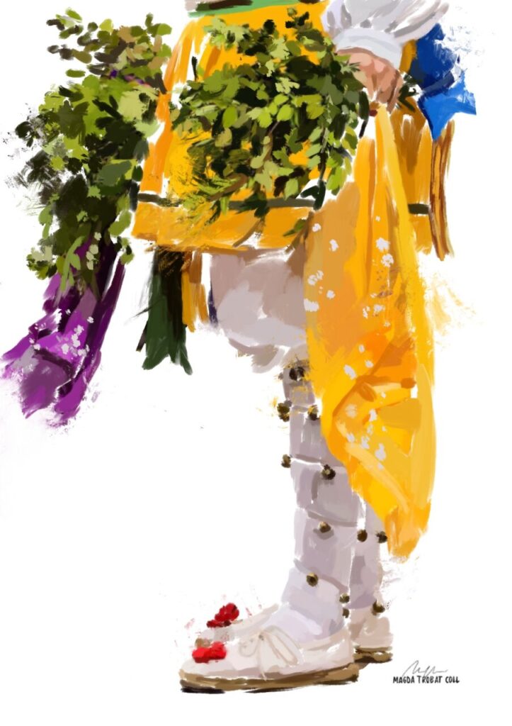 Pintura digital de una figura con vestimenta tradicional y flores