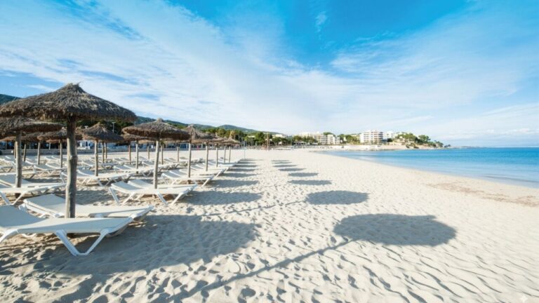 Playa Es Carregador en Palmanova con sombrillas y hamacas