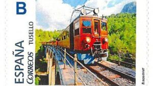 Sello de Correos con imagen del tren de Sóller en Mallorca