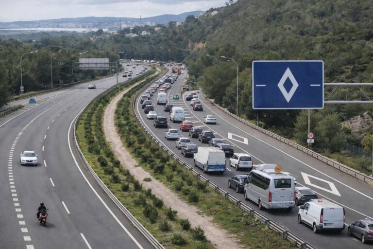 Se&ntilde;al de rombo blanco sobre fondo azul en carretera con tr&aacute;fico