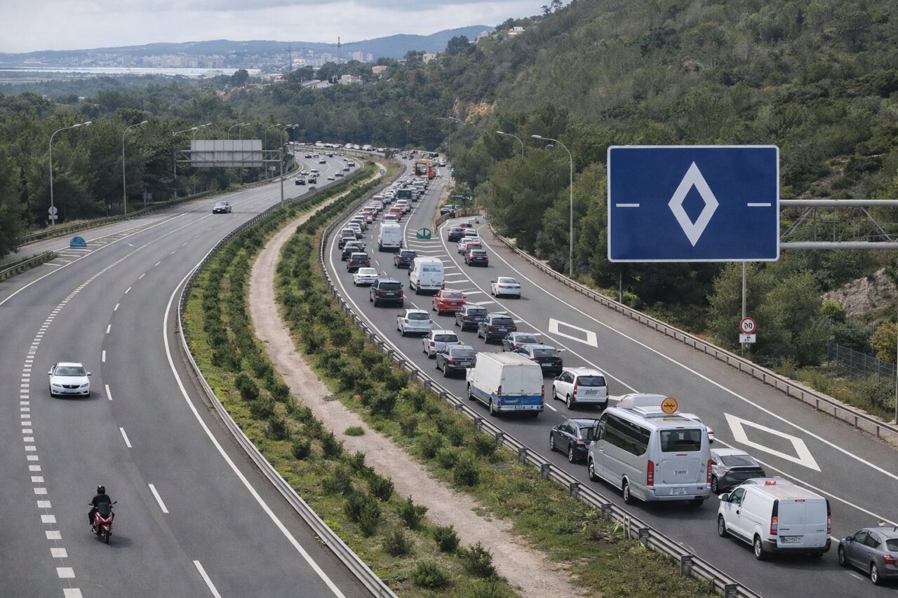 Se&ntilde;al de rombo blanco sobre fondo azul en carretera con tr&aacute;fico