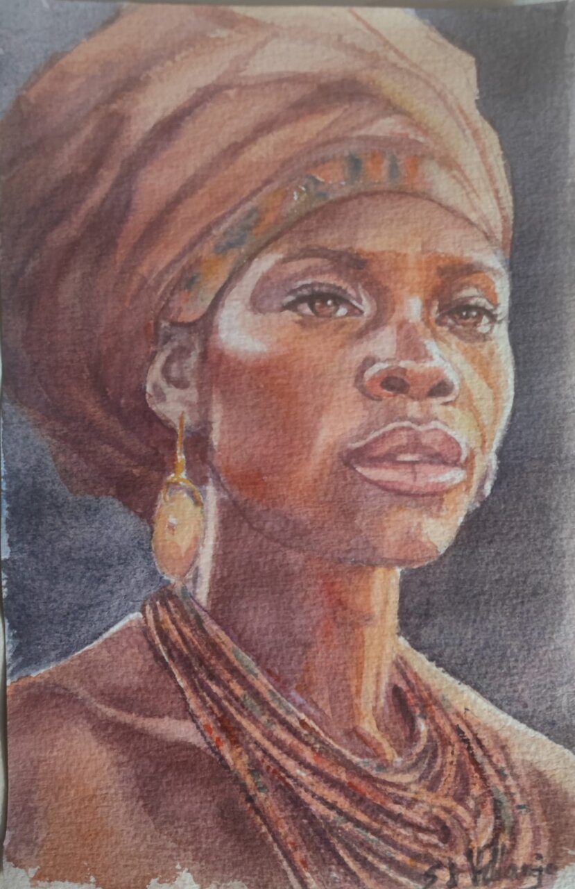 Retrato en acuarela de una mujer con tocado y joyas