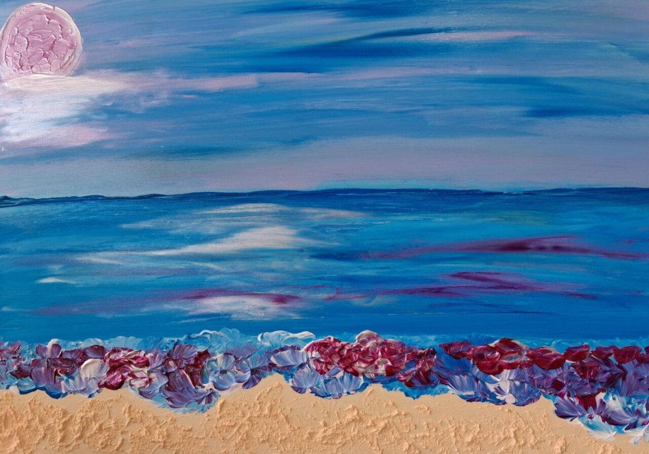 Pintura de un paisaje marino con flores en la orilla