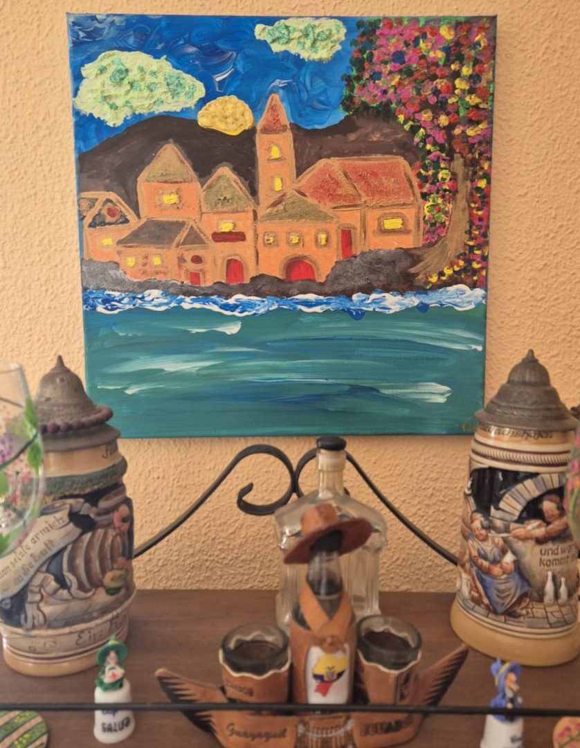 Pintura de una casa junto al mar con detalles coloridos