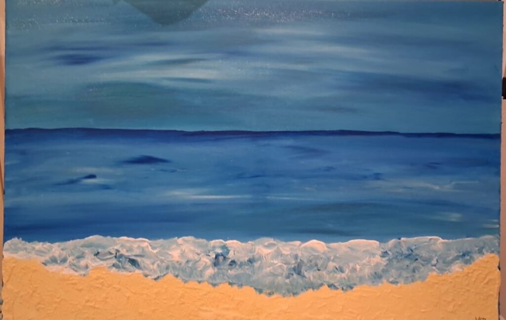 Pintura abstracta de un paisaje marino con tonos azules