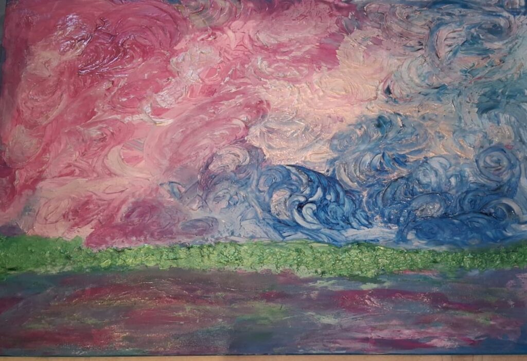 Pintura abstracta con nubes rosas y azules