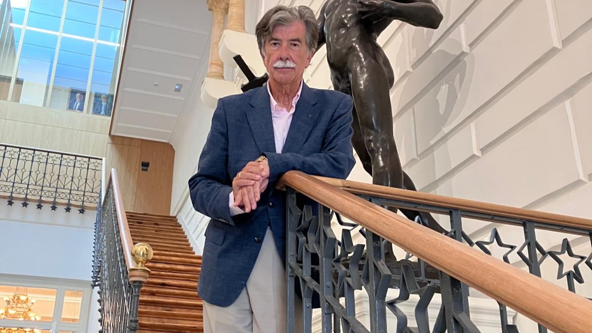 Persona en una escalera con una escultura en el fondo