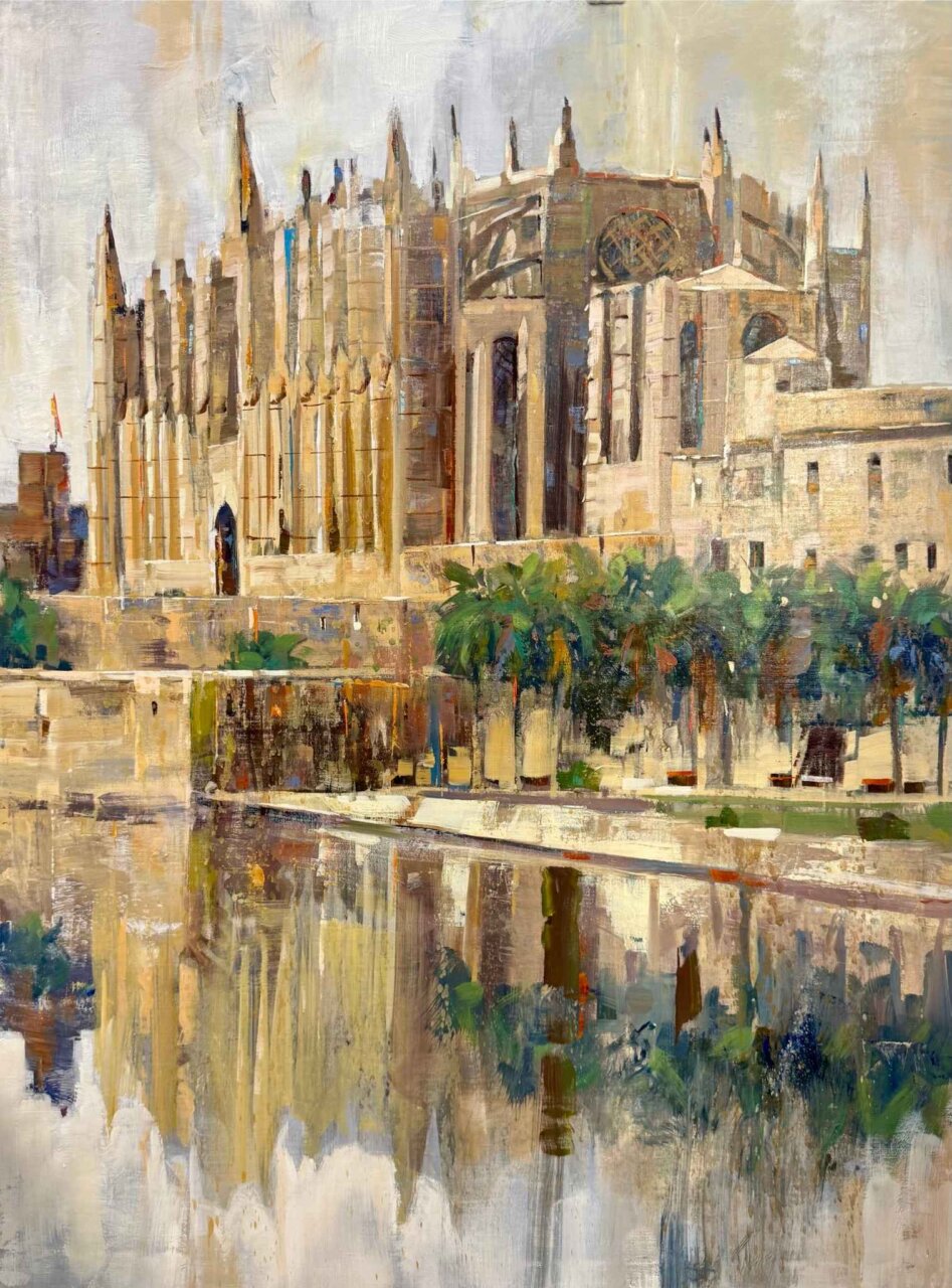 Pintura de la Catedral de Palma reflejada en el agua