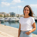 Mujer sonriente en un puerto deportivo con yates