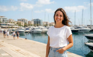 Mujer sonriente en un puerto deportivo con yates