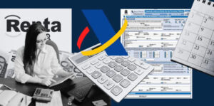 Mujer revisando documentos y calculadora para declaraci&oacute;n de renta
