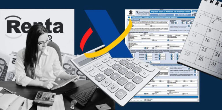 Mujer revisando documentos y calculadora para declaración de renta