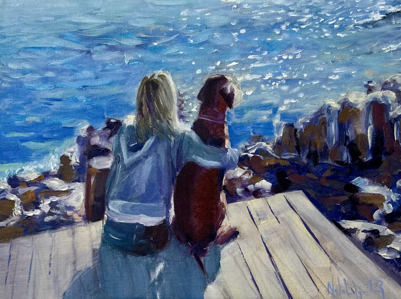 Pintura de una mujer con su perro mirando al mar
