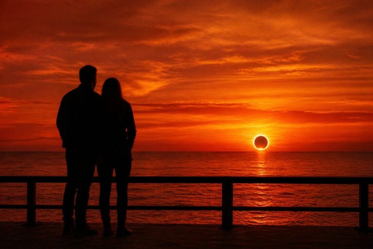 Pareja observando un eclipse solar sobre el mar en Mallorca
