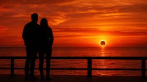 Pareja observando un eclipse solar sobre el mar en Mallorca