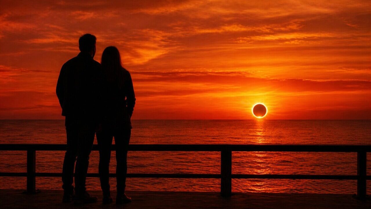 Pareja observando un eclipse solar sobre el mar en Mallorca