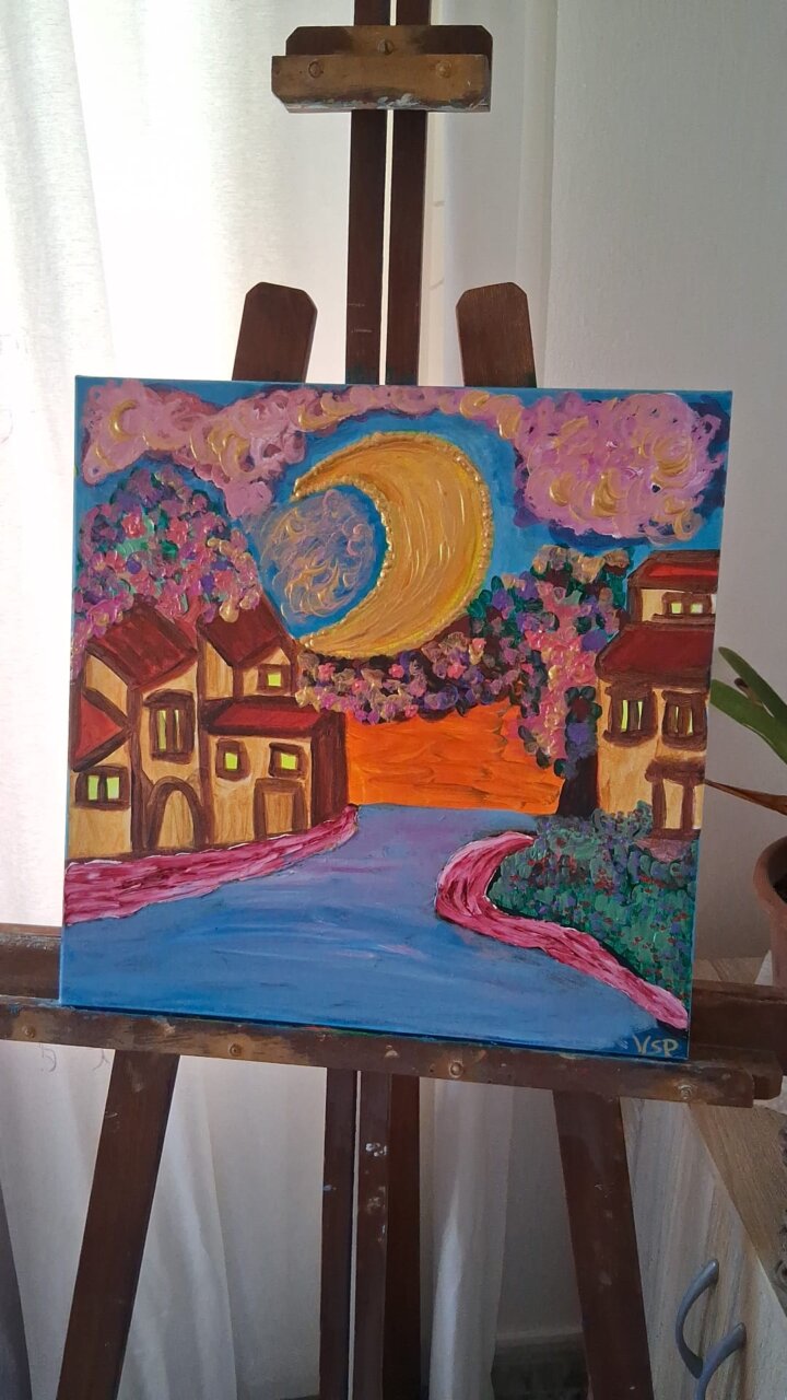 Pintura colorida de un paisaje con casas y un r&iacute;o